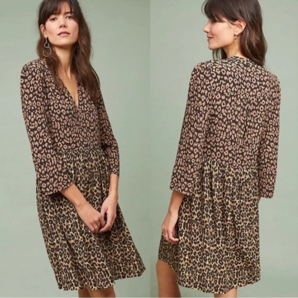 Maeve Juno Leopard Print Babydoll Dress Womens Medium Brown Animalier Boho Indie